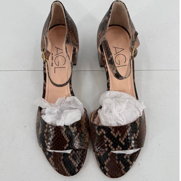 NEW AGL Women's Embossed Brown Snake Print Leather Block Heel Sandals Size 37.5 - Picture 11 of 11
